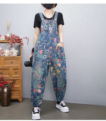 Casual Streetwear Print Floral Denim Jumpsuit Woman Loose Baggy Wide Leg Pants Rompers Big Size Pockets Straps Jeans Overalls