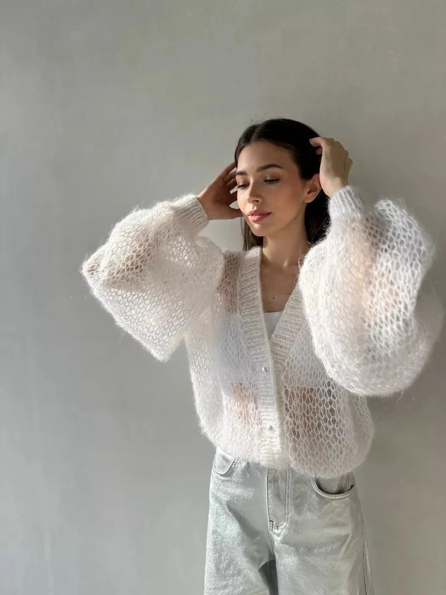 Women Knitting Cardigan 2026 New Women Mohair Knit Cardigan Hollow Out Sheer Long Sleeve Casual Knitted Outerwear Sweater