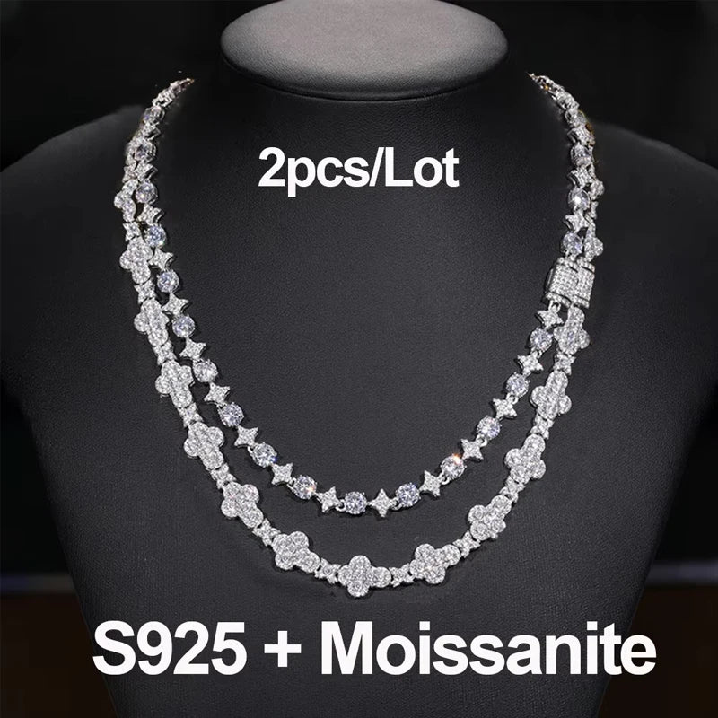 2pcs 925 Sterling Silver Star Round Cross Moissanite Tennis Chain Necklace For Women Men Couple Hip Hop Jewelry For Christmas