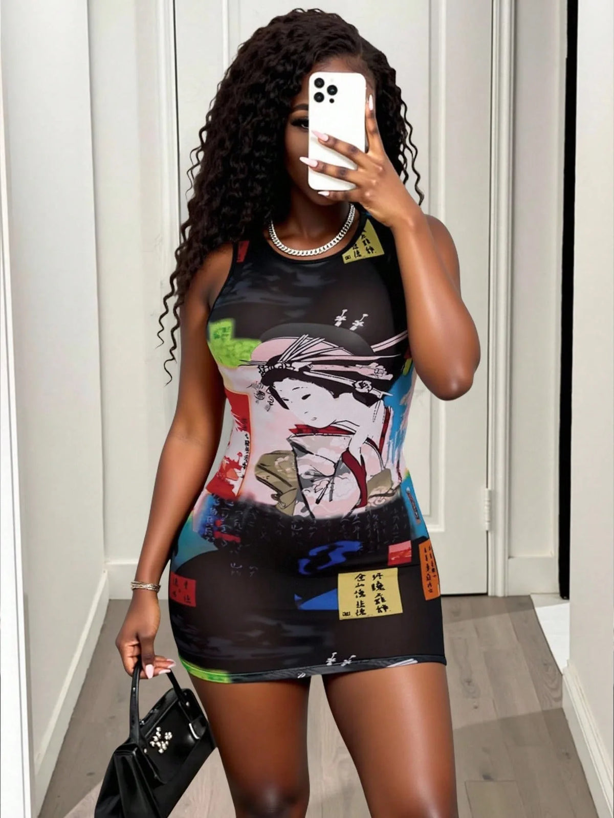 Japanese Geisha Print Mesh Bodycon Dresses Women Sleeveless See Through Sheer Streetwear Club Party Sexy Slim Fit Tank Dress