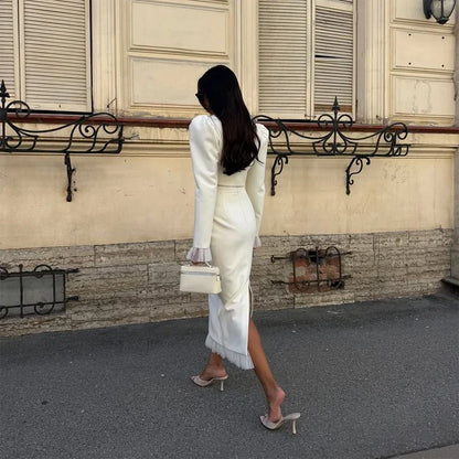 White Women's mesh two piece set Puff Sleeve V Neck blazer two piece dress set Daily Commuter Party  Outfit 2026 Summer Style