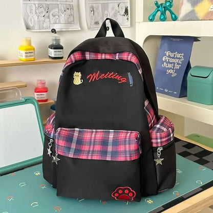 Preppy Style Blue Backpack for Girls, Plaid Spliced School Bag, Cute Nylon Daypack Star Pendant, Large Capacity Student Rucksack