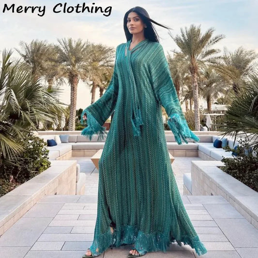 Elegant Tassel Hem Maxi Dress Women V-neck Long Sleeve with Scarf Loose Dresses 2026 NEW Spring Luxury Lady Party Evening Gowns