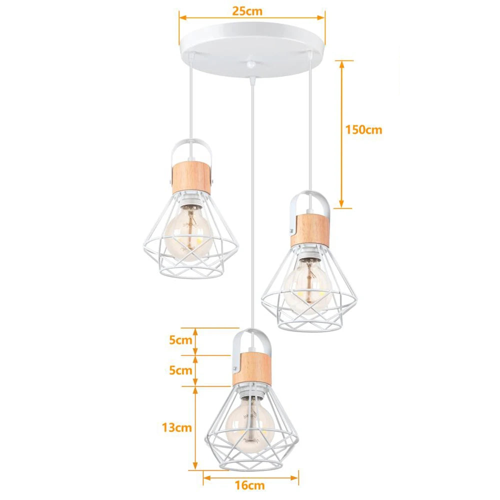 3 Heads Vintage Pendant Lights Wood Hanging Lamp Chandelier Industrial for Loft Dinning Living Room Kitchen Lighting Fixture LED
