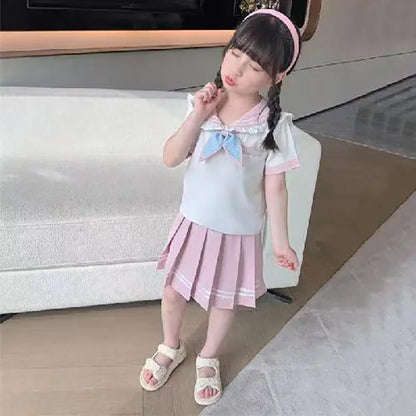 Summer Children Girls Student Uniform Set kids JK Mandarin Collar T-shirts and Pleated Skirts 2 Pieces Suit Kid School Uniform