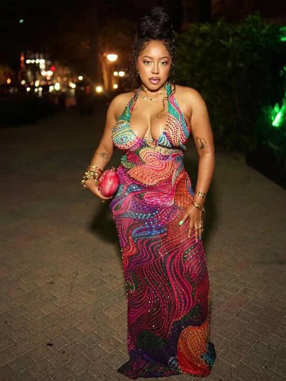 Weird Puss Diamond Print Dress Women Backless Split Colorful Halter Sexy Deep V-Neck Elegant Birthday Party Stretch Vestidos