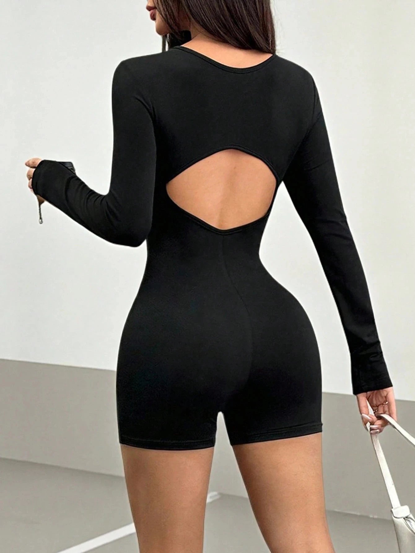 Spicy Style Black Zippered Jumpsuit Shorts - Stretchy Slim Fit + Long Sleeves, Skin-Friendly, Versatile and Timeless for Daily C