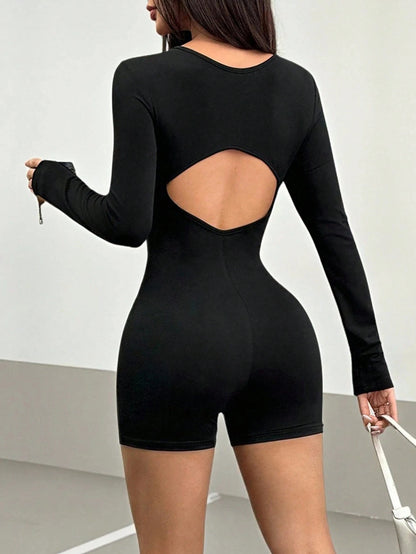 Spicy Style Black Zippered Jumpsuit Shorts - Stretchy Slim Fit + Long Sleeves, Skin-Friendly, Versatile and Timeless for Daily C