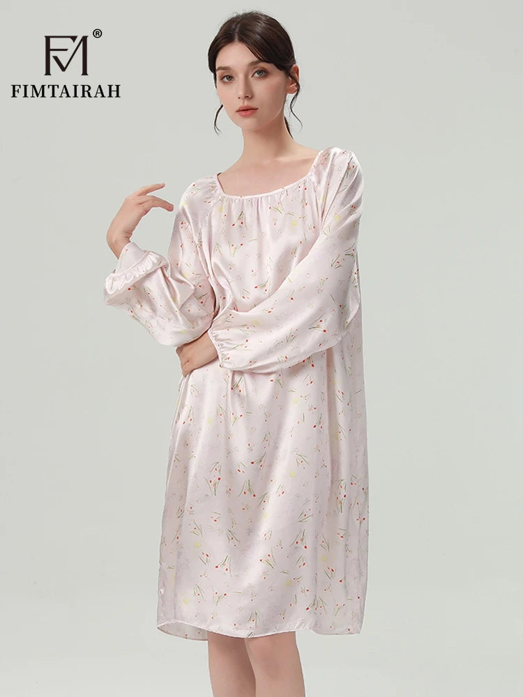 FIMTAIRAH 6A 19MM Silk Nightgown, long pajamas, long-sleeved silk high-end round-neck home wear Dress Night