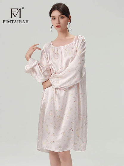 FIMTAIRAH 6A 19MM Silk Nightgown, long pajamas, long-sleeved silk high-end round-neck home wear Dress Night