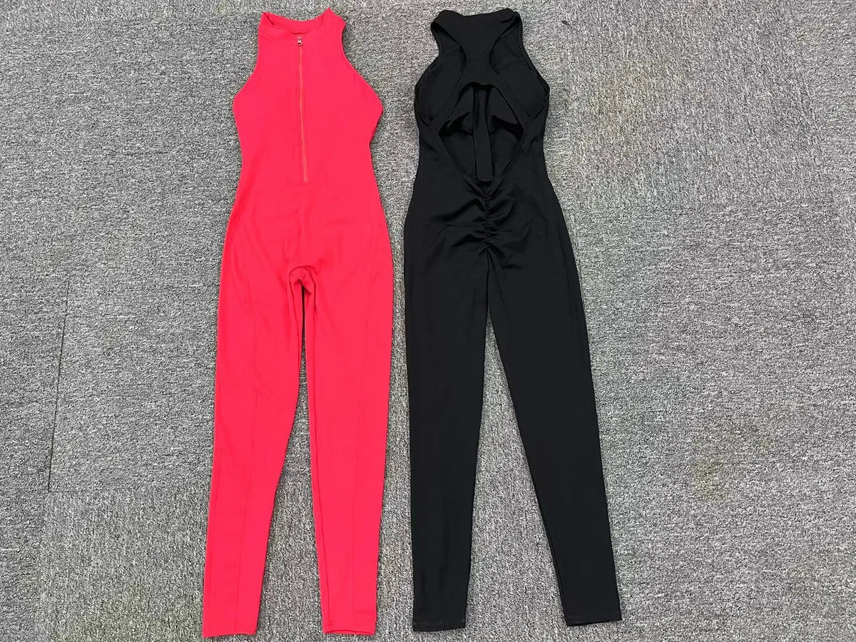 Sexy Hollow Backless Bodycon Scrunch Sport Jumpsuit Raises Butt Woman One Piece Gym Set Sleeveless Zipper Yoga Fitness Overalls
