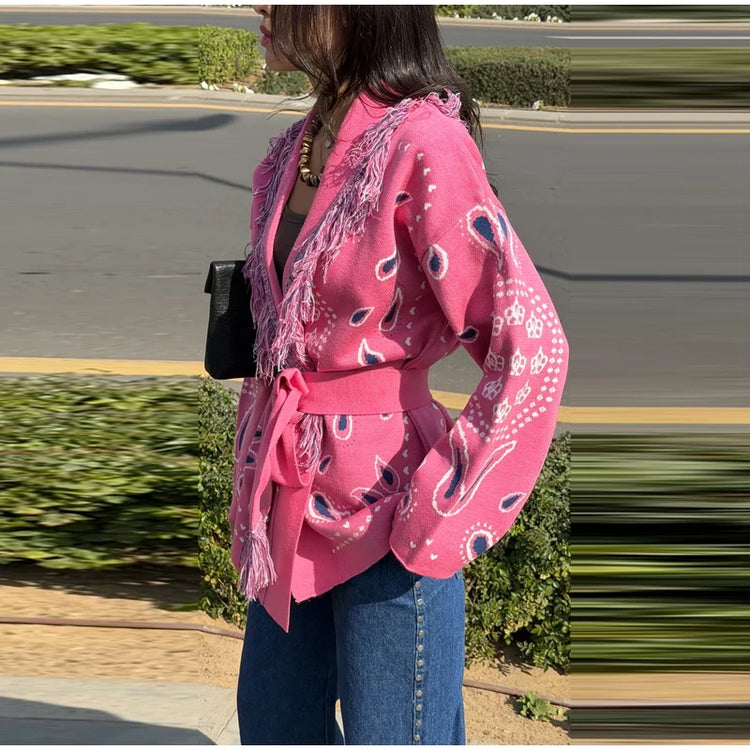Gem Print Knit Tassel Cardigan Lapel Tie Loose Long Sleeve 2026 Autumn Chic Women Boho Street Daily Fashion Ladies Knitwear