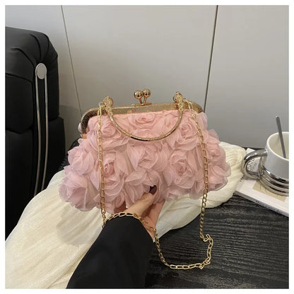 Luxury Women Chain Shoulder Bag Chiffon 3D Flower Banquet Bag Fashion Evening Bags Fashion Clutch Handbag Trendy Crossbody Bag