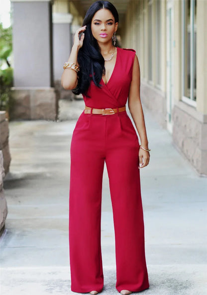 Business Formal Jumpsuit Work Wear Women Romper Elegant Long Deep V Neck Sleeveless High Waist Wrap Jumpsuits Fashion Streetwear