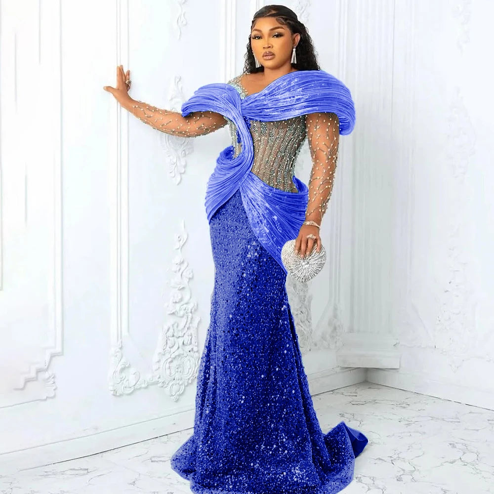 Customized Blue African Prom Dresses Plus Size 3D Pleated Off the Shoulder Evening Gowns Aso Ebi Style Wedding Reception Dress
