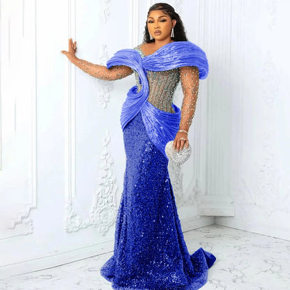 Customized Blue African Prom Dresses Plus Size 3D Pleated Off the Shoulder Evening Gowns Aso Ebi Style Wedding Reception Dress