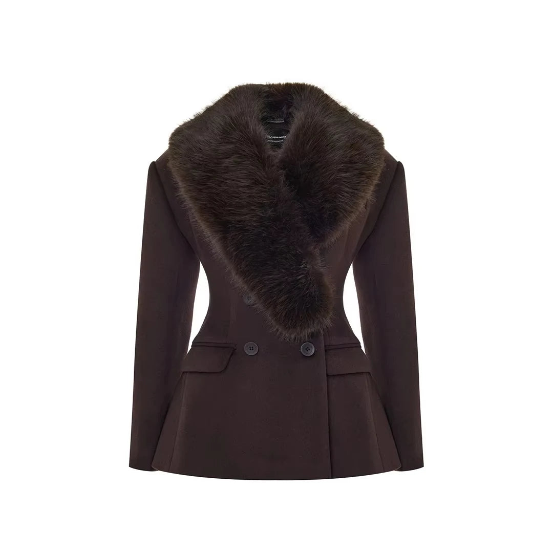 Women Winter Wool Coat Dark Brown Faux Fur Collar Slim Fit 2026 New Elegant Old Money Luxury Streetwear Outerwear