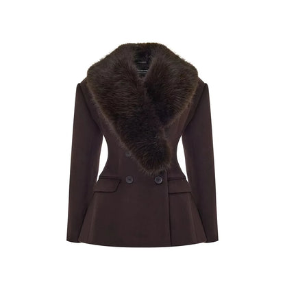 Women Winter Wool Coat Dark Brown Faux Fur Collar Slim Fit 2026 New Elegant Old Money Luxury Streetwear Outerwear