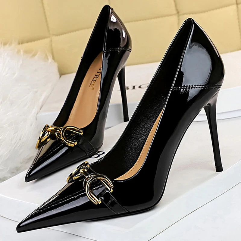 Luxury Women Pumps Metal Belt Buckle High Heels Patent Leather Women Heels Stilettos Career OL Office Shoes Plus Size 41 42 43