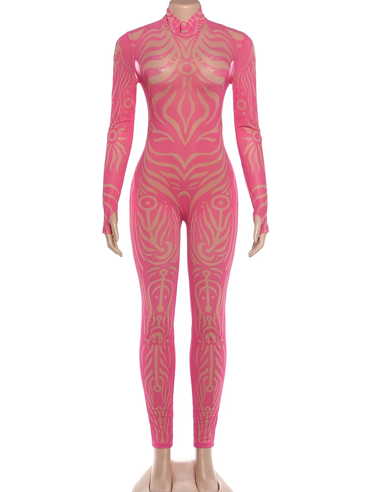 Weird Puss Sexy Striped Print Jumpsuits Women Wild Style Turtleneck Full Sleeve Midnight Party Club Stretch Streetwear Overalls