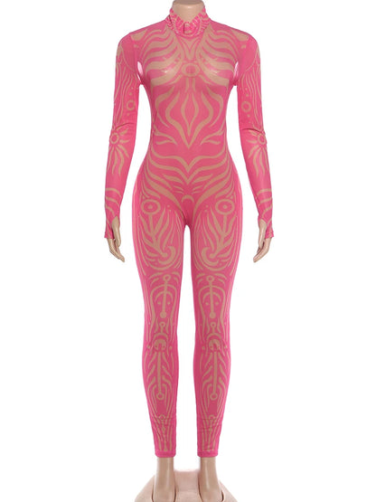 Weird Puss Sexy Striped Print Jumpsuits Women Wild Style Turtleneck Full Sleeve Midnight Party Club Stretch Streetwear Overalls