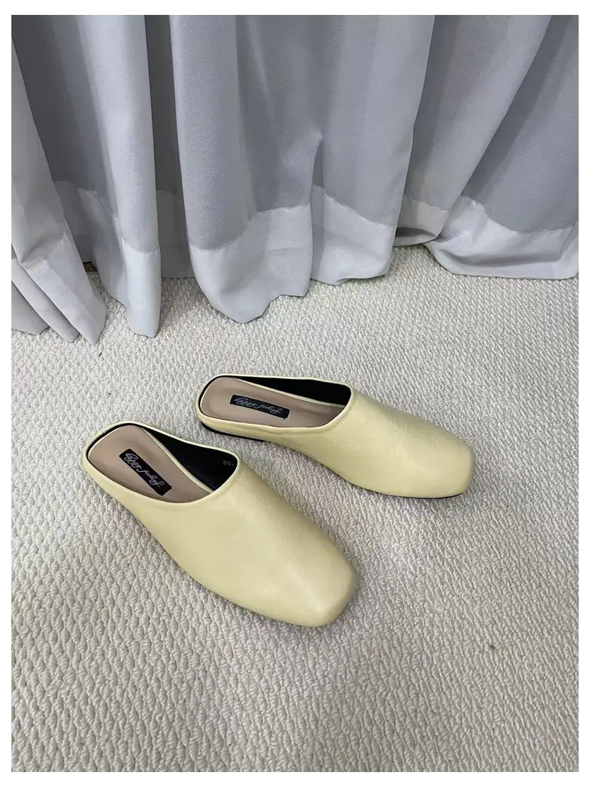 Fashion Square Toe Flat Slippers Women Casual Slip On Mule Luxury Brand Outsides Slides Elegant Pleated Ladies Shoes Sandal Flip