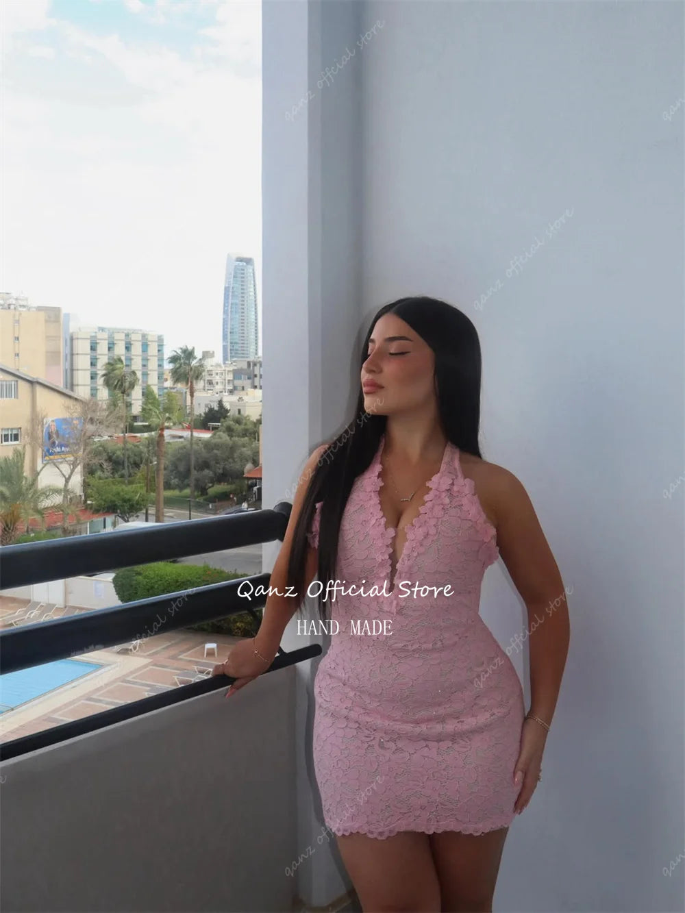 Qanz Chic Lace Prom Dress Mini A Line Pink Vestido De Festa Haler Neck Sleeveless Short Wedding Guest Dresses 2026 Customized
