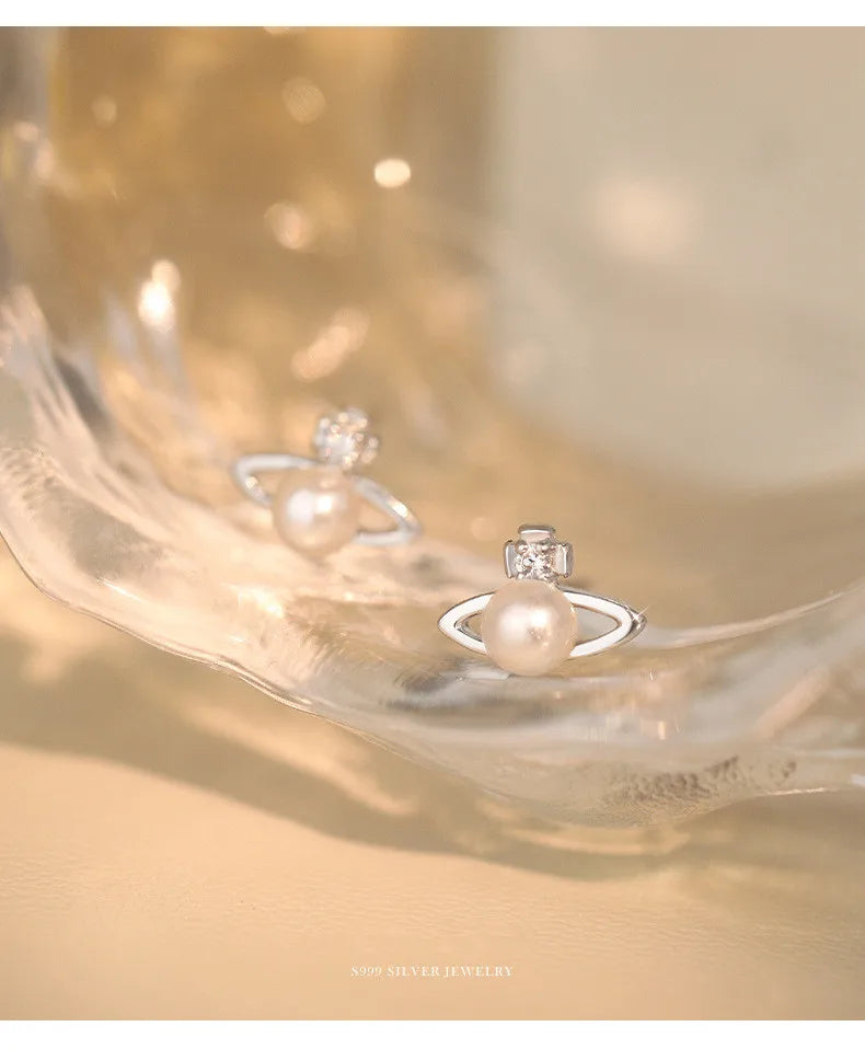 Fashionable Simple 999 Sterling Silver Zircon Planet Shell Earrings for Women Exquisite Light Luxury Jewelry