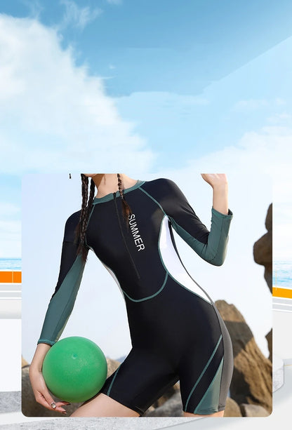 Women One Piece Long Sleeve WaterProof Outdoor Sports Beach Push Up SwimWear Female Full Body Quick-Dry Bathing Rash Guard
