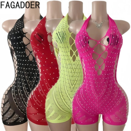 FAGADOER Sexy Hollow-out Rhinestone Patchwork Bodycon Rompers Woman Halter Sleeveless Backless Jumpsuits Female Party Clubwear