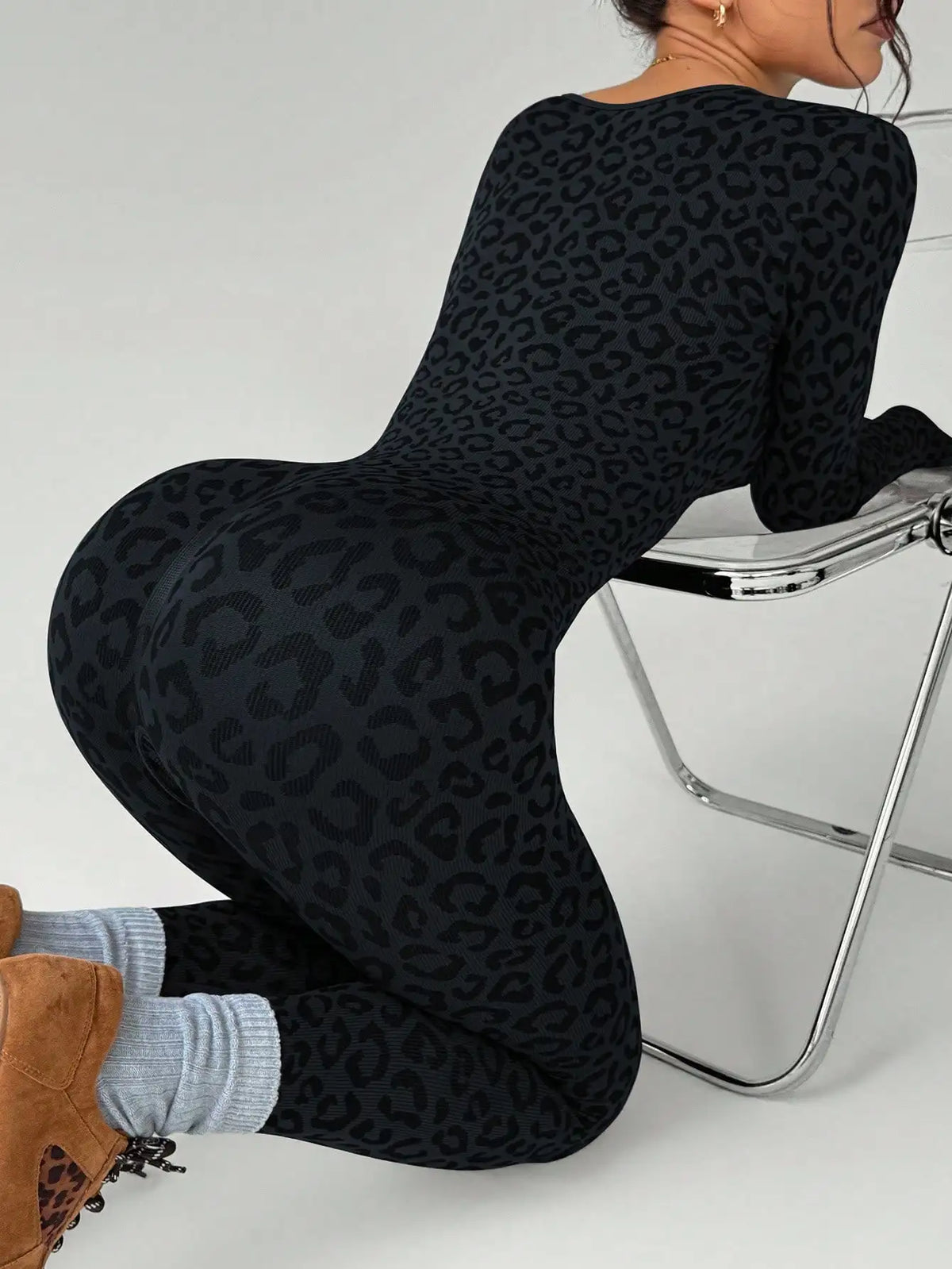 Women Leopard Print Tight Jumpsuit Slimming Hip Hugging Long Sleeve U Collar Stretchy