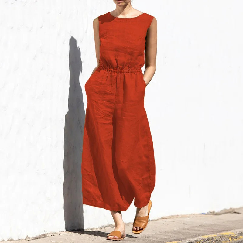 Cotton And Linen Jumpsuit Women Solid Color Sleeveless Pocket High Waist Wide Legs Jumpsuits Casual Commuting Ladies Bodysuits