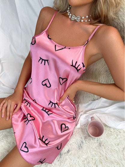 Ladies Sexy Sling Nightgown Nightdress Women's Sexy Lingerie Silk Satin Sleepwear Floral Pinting Nightwear Homewear Mini Dress