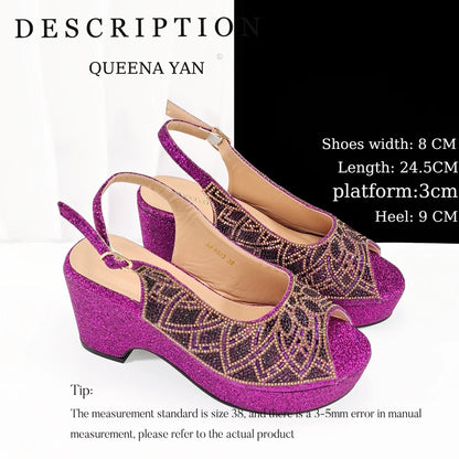 Queena Yan Sky Blue Elegant Nigerian Rhinestone Wedding Shoe and Bag Set Italian Inspired High Heels and Matching Handbag