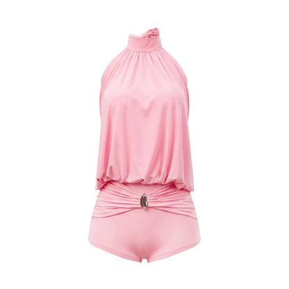 Spicy Girl Metal Decoration Ruched Jumpsuit Woman Sexy Halter Bandage Sleeveless Backless Skinny Slim Night Clubwear Rompers