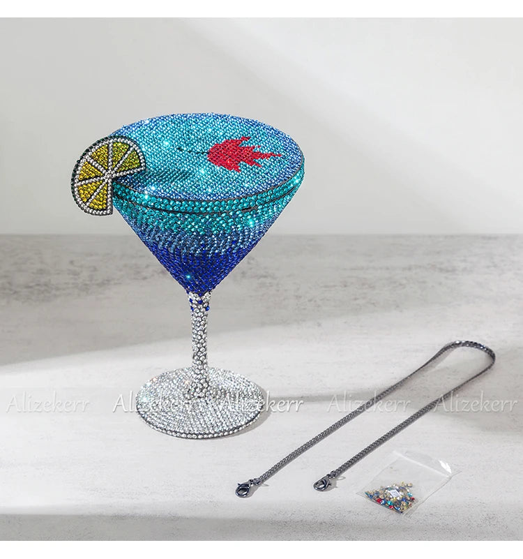 Alizekerr Cocktail Glass Shaped Rhinestone Evening Bags Luxury Designer Gorgeous Crystal Metal Purses And Handbags Wedding Party