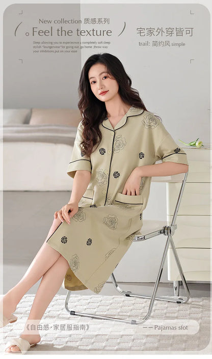 Newest M-5XL Women Short Sleeve Nightdress With Chest Pad Female Knited Cotton Nightwear Sleepdress