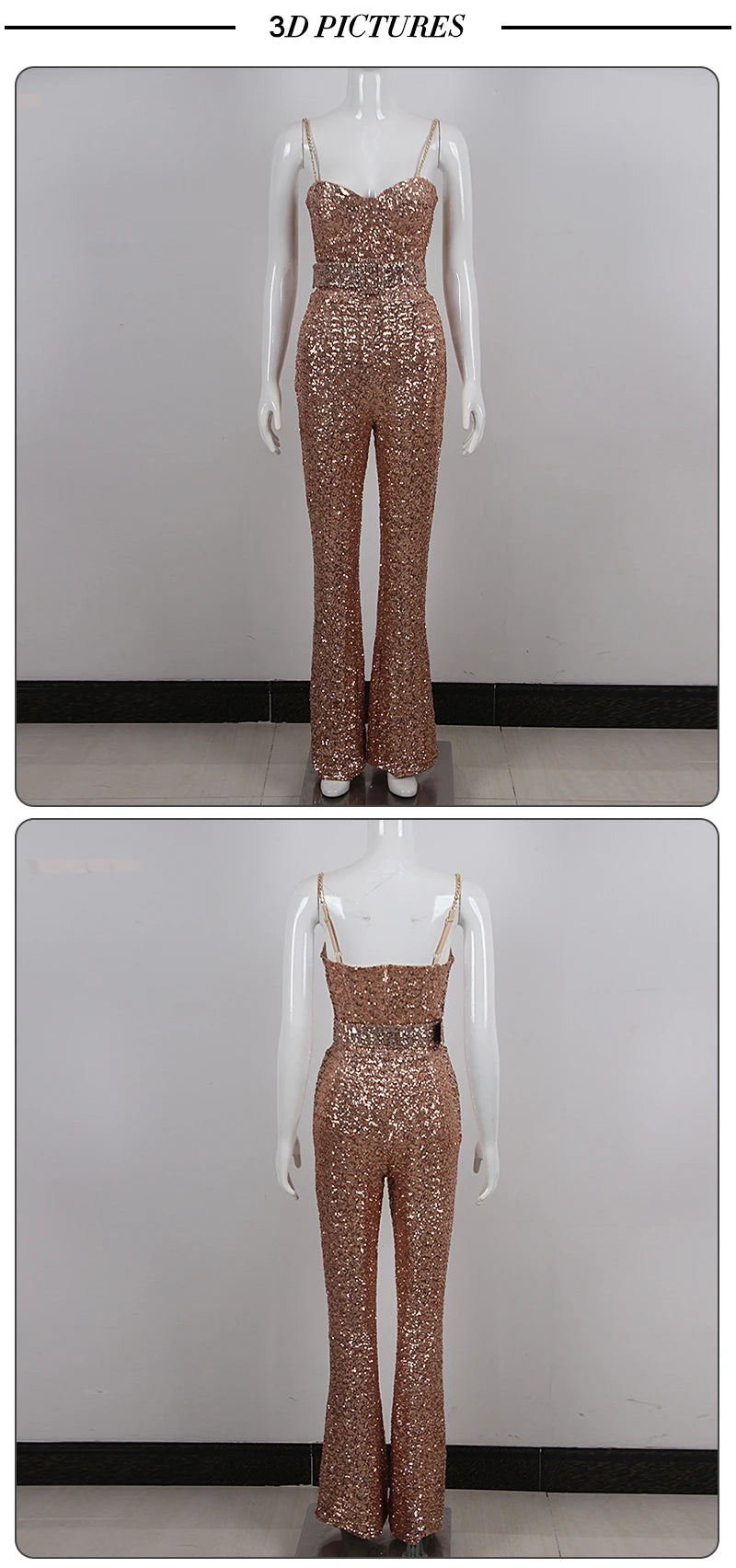 VC Women's Jumpsuits Luxury Gold Sequins Design Birthday Party Clubwear Sleeveless Spaghetti Strap Jumpsuits With Belt