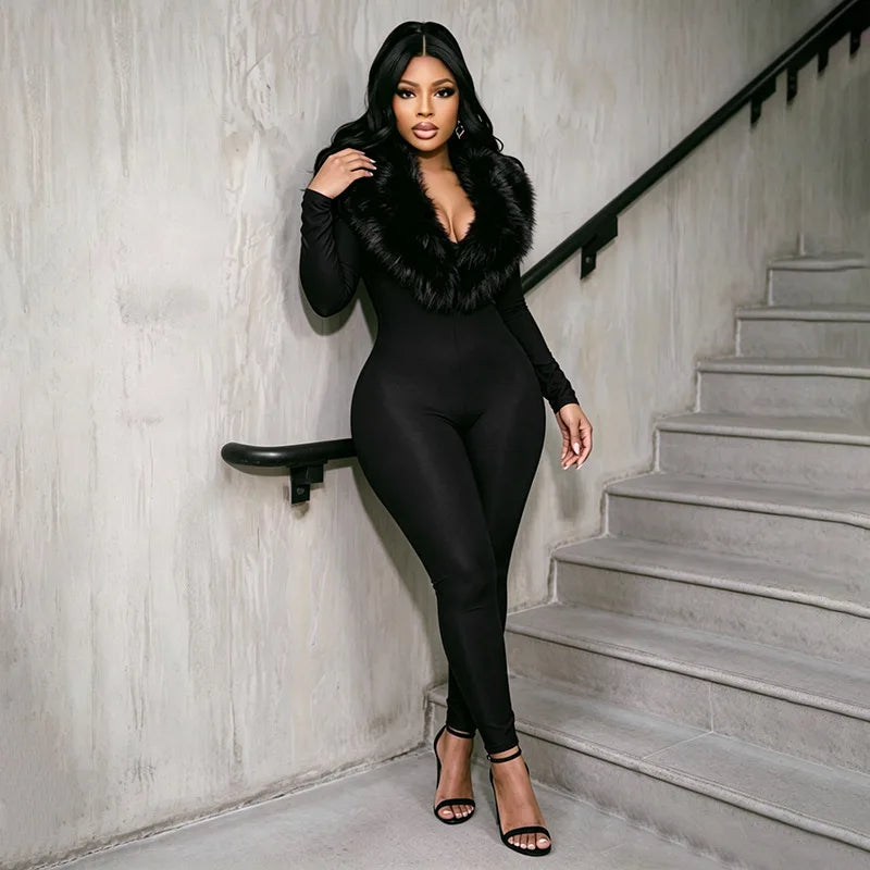 FAGADOER Women Fall Winter Bodycon Jumpsuit Faux Fur Collar Long Sleeve Deep V Neck Slim Fit Sexy Club Party One Piece Outfit