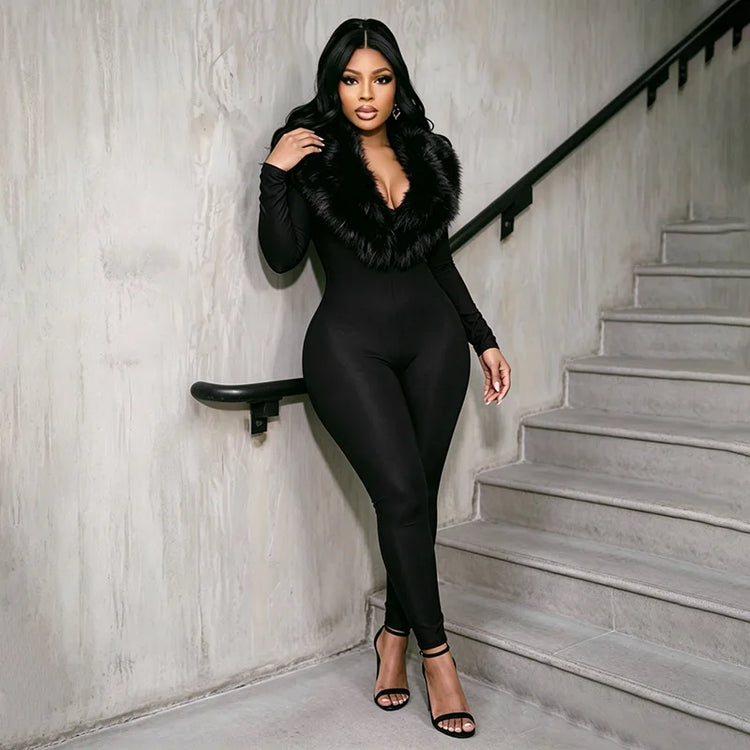 FAGADOER Women Fall Winter Bodycon Jumpsuit Faux Fur Collar Long Sleeve Deep V Neck Slim Fit Sexy Club Party One Piece Outfit