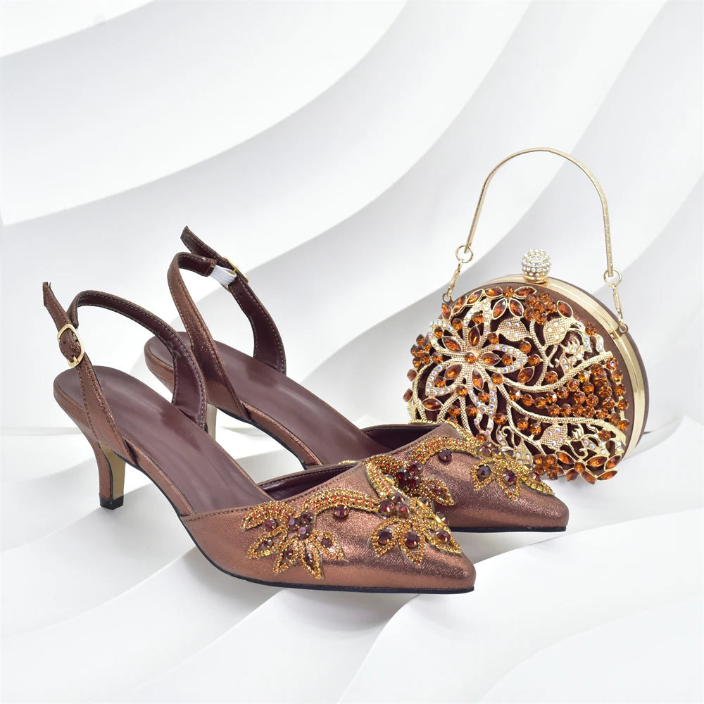 Women Nigerian Italian Shoes and Bags Set Decorated with Rhinestone Luxury Shoe and Bag Set for Party in Women Ladies Pumps