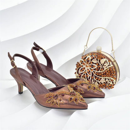 Women Nigerian Italian Shoes and Bags Set Decorated with Rhinestone Luxury Shoe and Bag Set for Party in Women Ladies Pumps