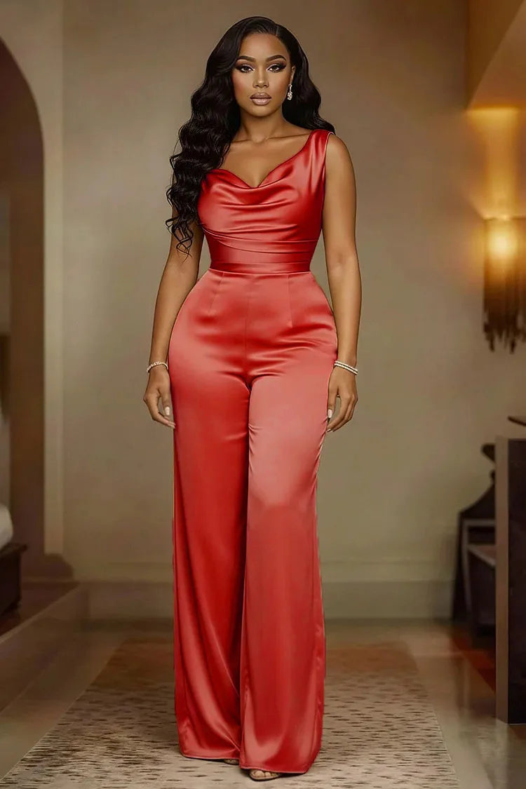 2026 New Solid Color Satin Jumpsuit Women Cowl Neck High Waist Wide Leg Formal Party Overalls