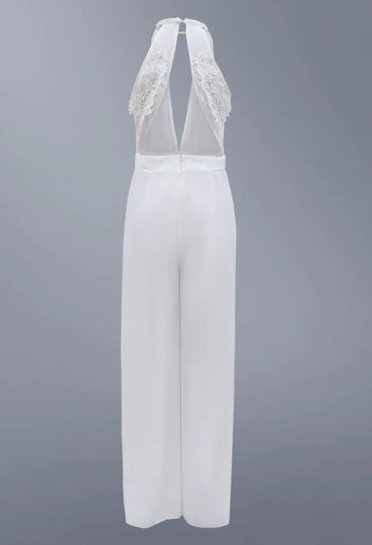 Sexy Deep V-neck Jumpsuits Women Sleeveless Halter Neck Backless Lace Hollow Out Wide Legs Slit Flared Jumpsuit Elegant Fashions