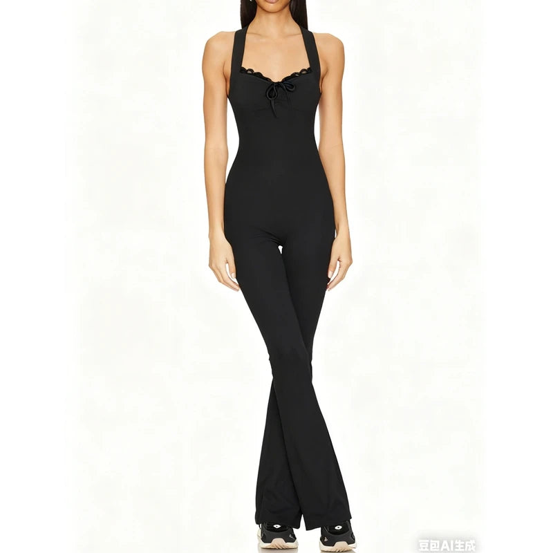 Women's Cleanfit Sleeveless Slim Fit Jumpsuit Lace Trim Patchwork Ruched V-Neck Back Cross Flare Long Pants Rompers