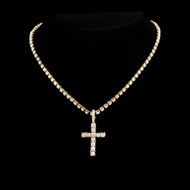 Hip Hop Diamond Cuban Link Chain Cross Necklace Men Women 2Pcs Bling Miami Cuban Chain Necklace Set Iced Out Chain Jewelry