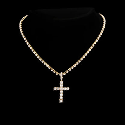 Hip Hop Diamond Cuban Link Chain Cross Necklace Men Women 2Pcs Bling Miami Cuban Chain Necklace Set Iced Out Chain Jewelry