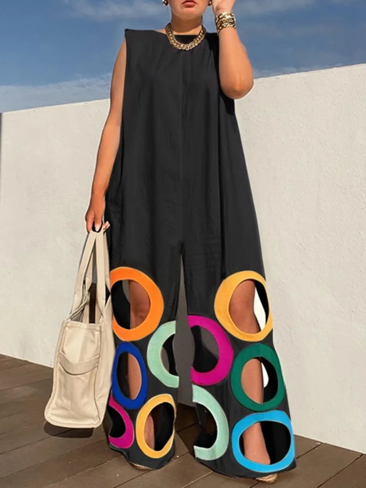 Yeezzi Women Fashion Rainbow Hollow Wide Leg Jumpsuits 2026 New Summer Sleeveless Loose Urban Office Overalls With Shoulder Pad