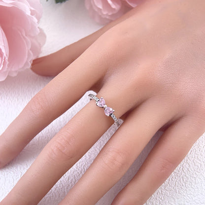 Silver Plated Pink Heart Bow Ring With CZ Accents Perfect Romantic Gift For Women Fashion Jewelry