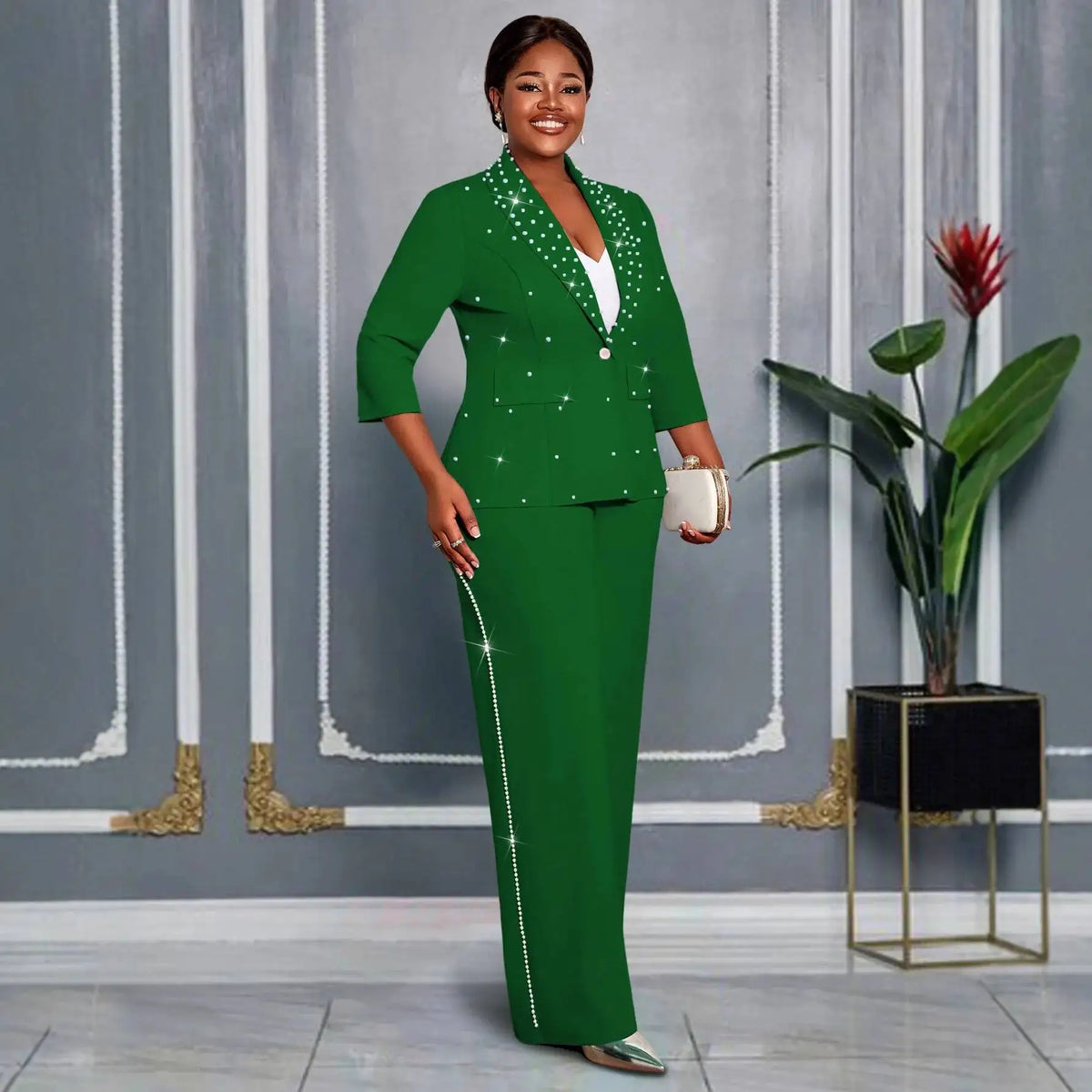 Plus Size Women's Green Beaded Blazer Suit Three-quarter Sleeve Top + Wide-leg Pants Elegant Two-piece Set Casual Y2K Two Piece